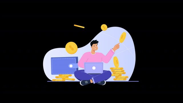 Illustrate digital income streams with vector characters freelancing, trading, and monetizing skills.