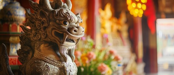 Fototapeta premium Majestic Guardian Creature in Serene Temple Setting
