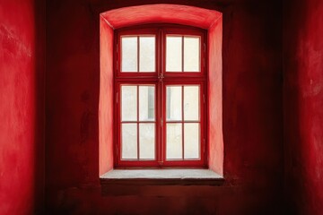 Obraz premium Red painted window frame with white window panes stands out