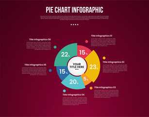 pie chart base template infographic with unbalance circular shape fan propeller with 6 point dark background style for slide presentation