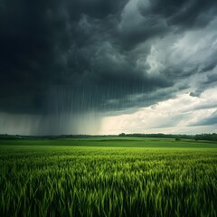 Heavy rain storm over green field
