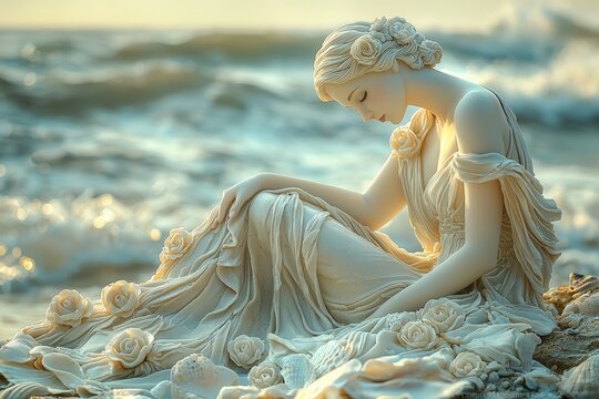 Elegant woman statue by the sea: timeless serenity and grace in nature
