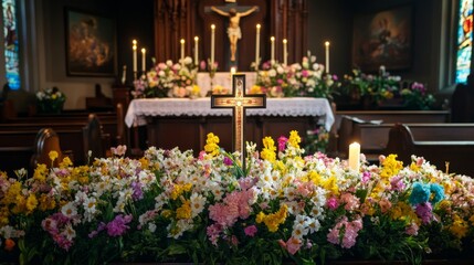 Fototapeta premium Easter Altar Adorned with Flowers and Cross in Serene Church Setting