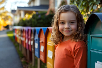 A child in an orange shirt stands next to colorful mailboxes on a sunny day. Concept of childhood and community. For greeting card photo.