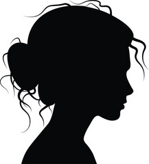 Vector silhouette side profile woman with messy bun illustration, a woman beautiful facial feature and elegant hair style in white background.