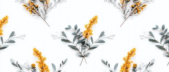 Seamless Yellow and Grey Floral Pattern on White Background