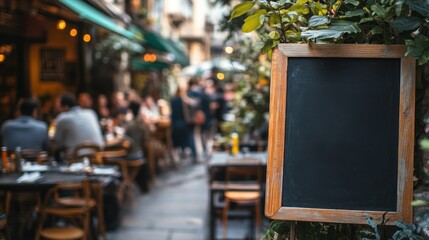 Outdoor cafe menu board, urban setting, people dining, background