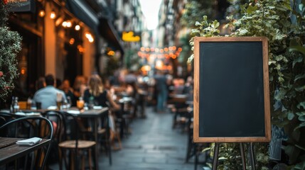 Outdoor cafe in European city street, blank menu board, people dining. Possible use Restaurant advertising, travel brochure