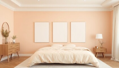 Romantic master bedroom with soft peach tones and a blank white a4 frames mockup hanging on the wall.