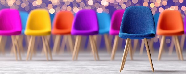 A vibrant arrangement of colorful chairs with wooden legs, set against a blurred, sparkling background, creating a lively and inviting atmosphere.