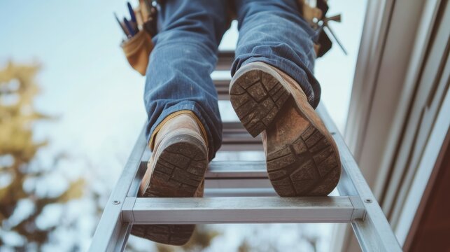 Close up of A worker climbing on a ladder, wearing work boots and a tool belt while working on the exterior of a house, Concept of a construction or home repair service company.