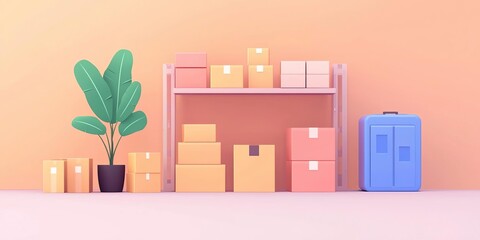 Modern workspace with shelves, colorful boxes, and a decorative plant for organization.