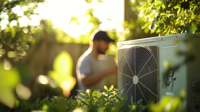 Air conditioner repairman working on the outdoor unit of a heat pump on a summer day, with a bokeh background and the focus on the worker and a blurred air conditioning unit in the garden.
