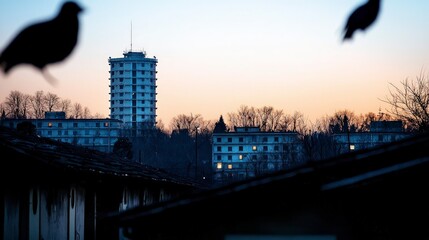 Naklejka premium Silhouetted Birds Against City Skyline at Sunset