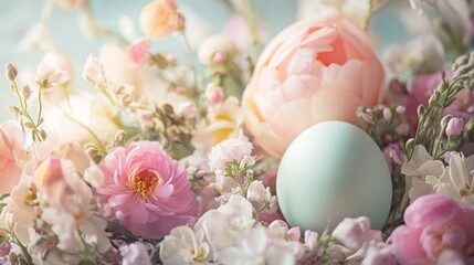 Fototapeta premium Soft Pastel Egg Nestled Among Delicate Floral Arrangement