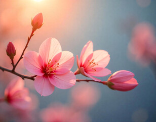 Obraz premium Spring Blossom Branch with Pink Flowers, Soft Bokeh Background, and Warm Sunlight Nature's Beauty in Full Bloom concepts 