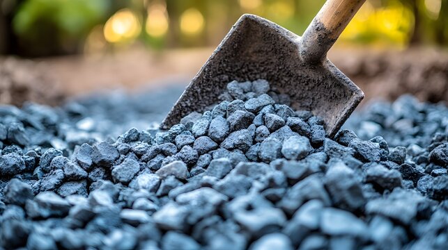 Shovel digging into a mound of gravel, construction site preparation