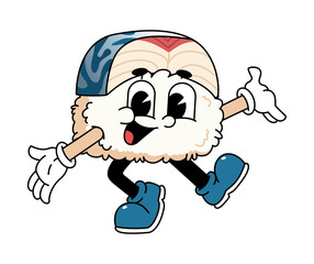 Retro sushi mascot logo, mackerel sushi welcome pose
