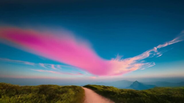 A road with a pink cloud in the sky