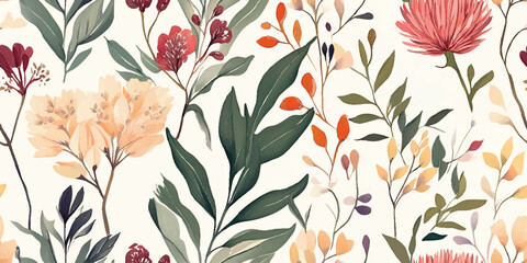 Fototapeta premium Australian flowers vector seamless repeating pattern of eucalyptus, proteas wattles leaves on a white background, Botanical print with soft pastel colors