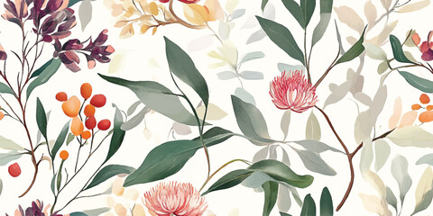 Australian flowers vector seamless repeating pattern of eucalyptus, proteas wattles leaves on a white background, Botanical print with soft pastel colors