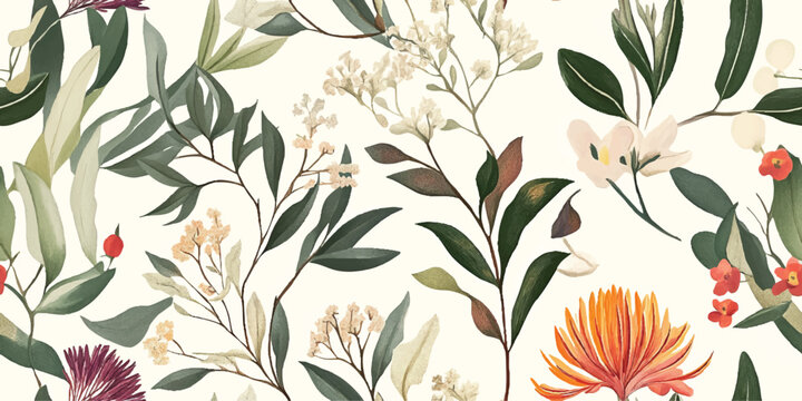 Fototapeta Australian flowers vector seamless repeating pattern of eucalyptus, proteas wattles leaves on a white background, Botanical print with soft pastel colors