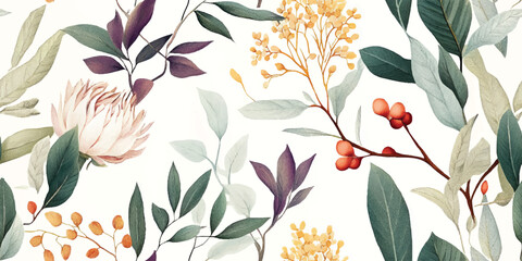 Australian flowers vector seamless repeating pattern of eucalyptus, proteas wattles leaves on a white background, Botanical print with soft pastel colors