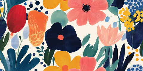 Whimsical Gouache Abstract Flower Pattern with Bold Brush Strokes and Textured Appearance on White Background