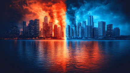 Obraz premium A scene symbolizing environmental disaster with factory smoke polluting the air, drying out and damaging the earth. The background shows a blurred, empty landscape, emphasizing the devastation.