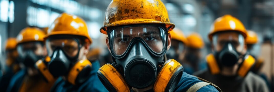 Workers wearing safety gear receiving training on respiratory protection. Wearing respirators, safety glasses, hard hats, Training session on respirator fit testing.