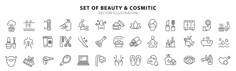 Beauty and Spa set of web icons in line style. Cosmetics services & Spa icons for web and mobile app. Spa treatments, skin care, massage, hyaluronic acid, serum, anti ageing, pore tighten, cosmetology