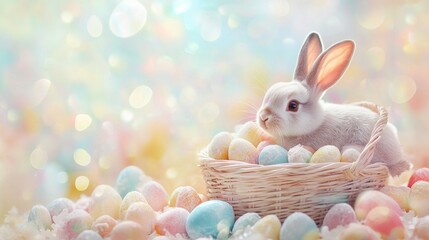 Soft Pastel Easter Bunny in Basket Surrounded by Colored Eggs