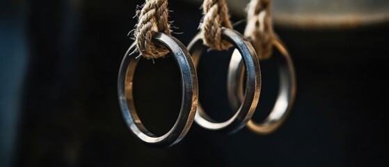 Three Metal Rings Suspended from Twisted Rope