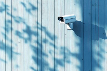 White security camera monitoring on light blue wooden wall