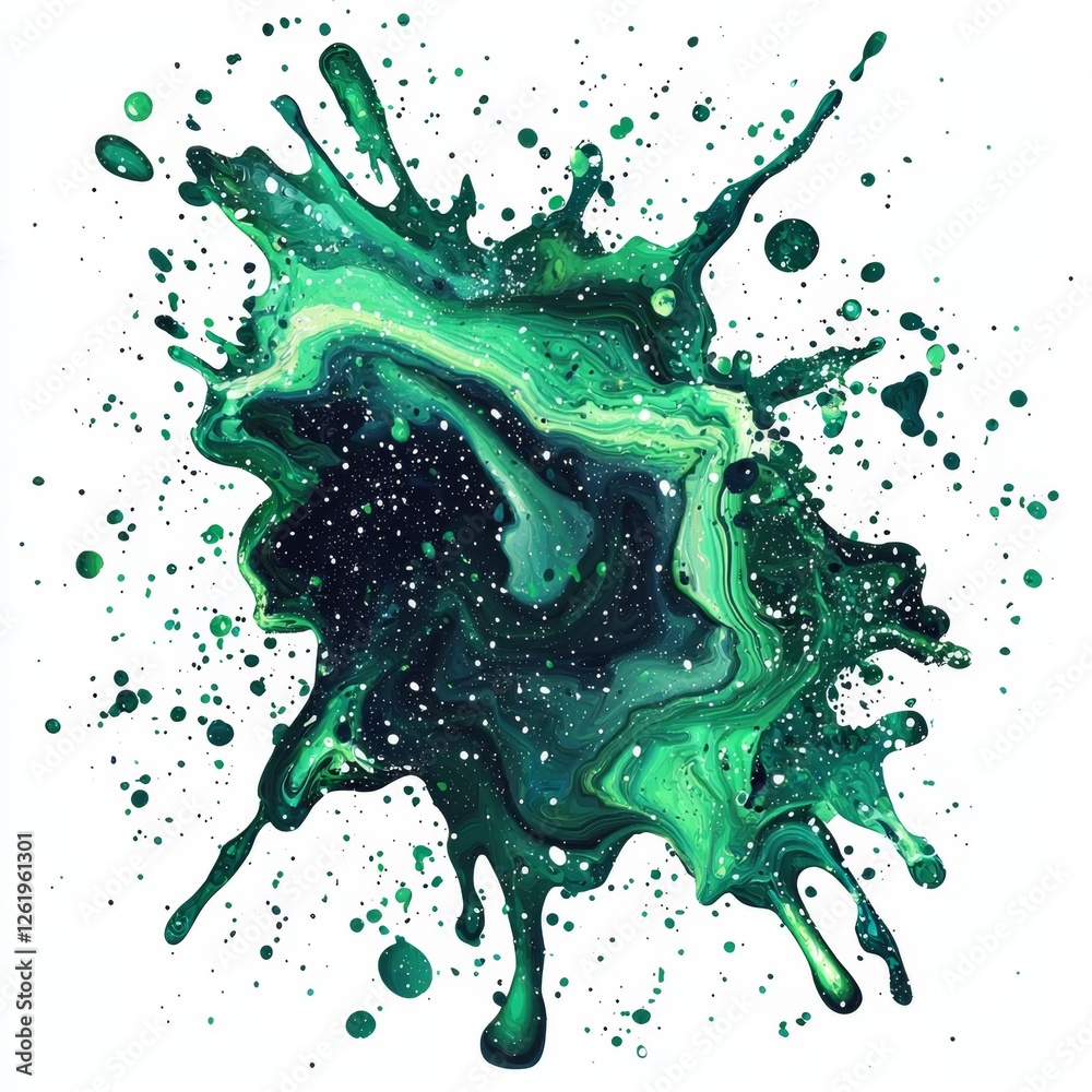 Wall mural abstract green paint splash with starry background and dynamic flowing patterns for artistic express