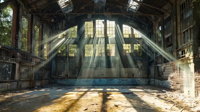 An eerie abandoned building of an old swimming pool, showing signs of decay with cracked tiles, peeling paint, and broken windows.