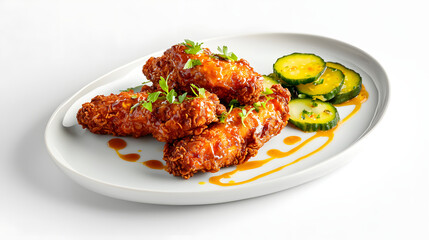 Fototapeta premium Contemporary Take on Nashville Hot Chicken with Pickles and Fresh Herbs on White Plate