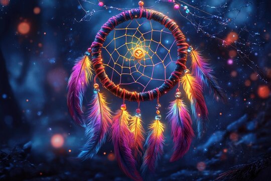 Illuminated dreamcatcher hanging in mystical night sky