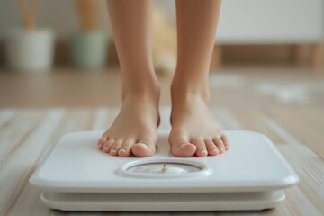Fototapeta premium Young woman foot standing on scales at home, closeup. Weight loss concept with copy space