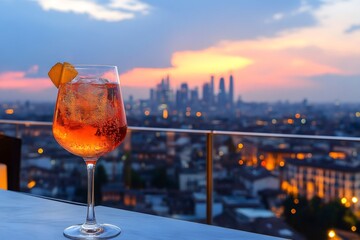 Obraz premium Refreshing aperitivo overlooking Milan skyline at sunset