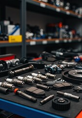 Naklejka premium Assorted Car Spare Parts on Workshop Table, Auto Repair Supplies