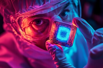 A scientist in his laboratory holds a test tube with DNA, enabling him to steer human evolution through holographic technology