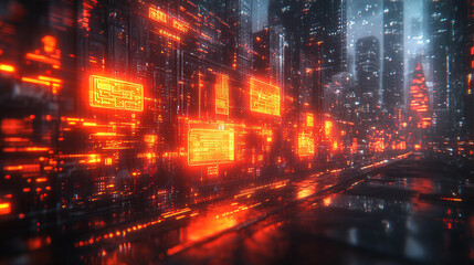 Fototapeta premium A vibrant, abstract representation of the future, showcasing a multiverse of evolving fractals, symbolizing digital technology, cybernetic advancements, and the chaos of future possibilities in a blur