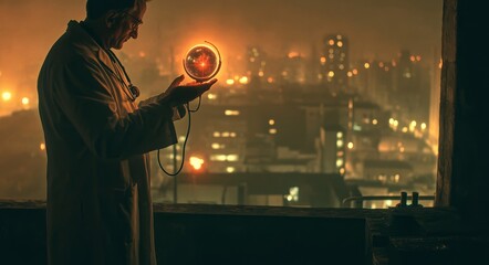 A smart medical doctor holding the world, with an abstract city in the background