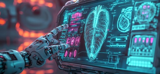 A cyborg hand grasping a futuristic medical interface hud in 3d rendering
