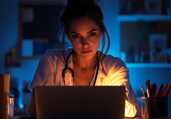 A beautiful female physician engaging with an up-to-date computer interface