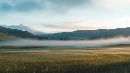 Serene Morning Mist Over Rolling Green Hills