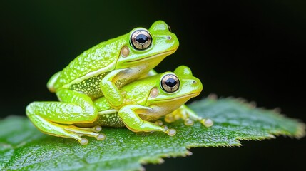 Obraz premium Two green frogs mating on leaf, closeup, nature