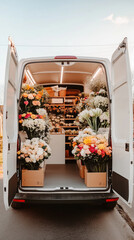 mobile flower shop van filled with vibrant flowers and greenery, showcasing variety of colorful blooms in organized boxes. This charming setup brings joy and beauty to any location