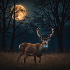 A magical deer with glowing antlers standing under a radiant full moon.